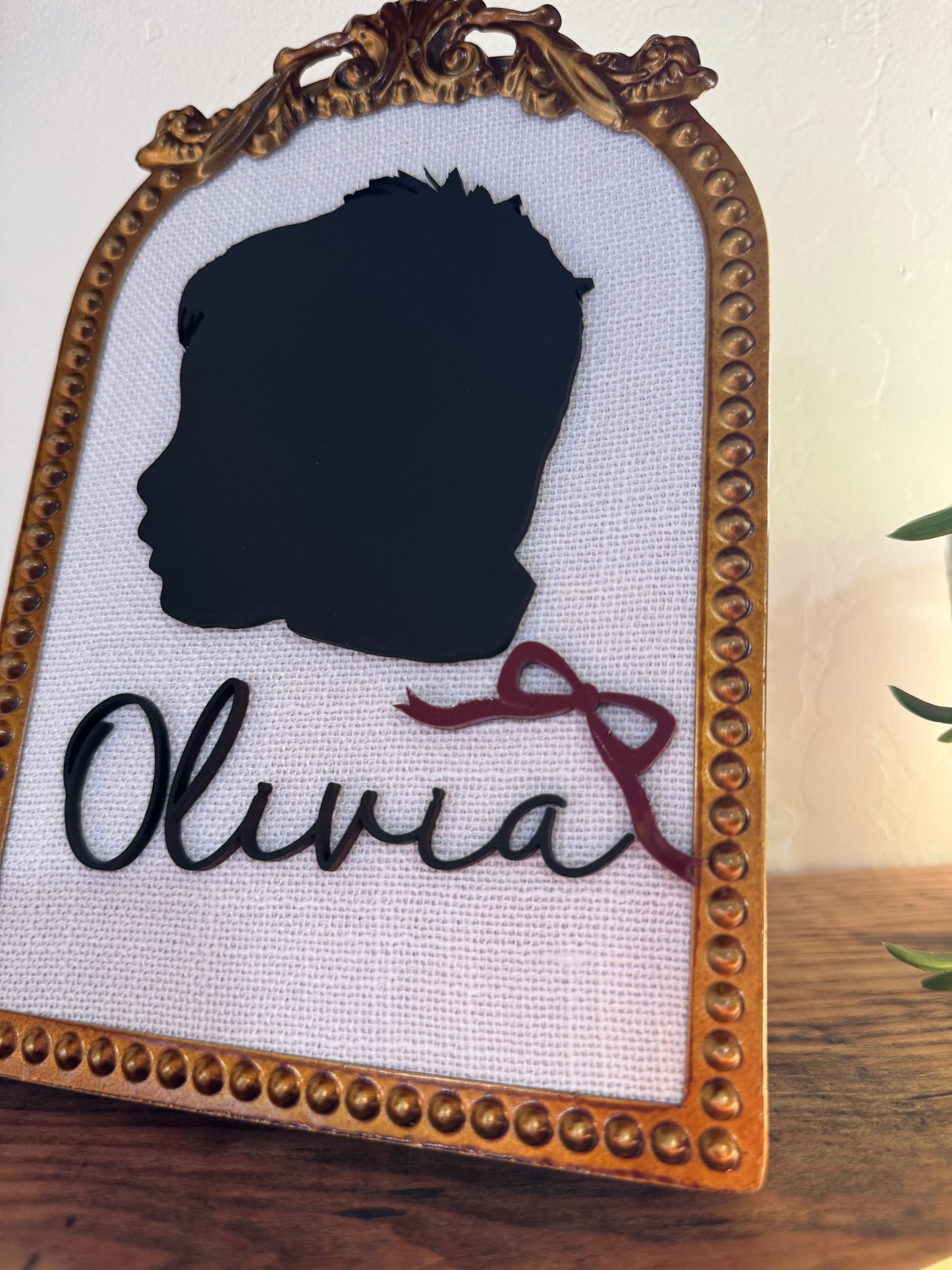 Personalized silhouette gold beaded frame
