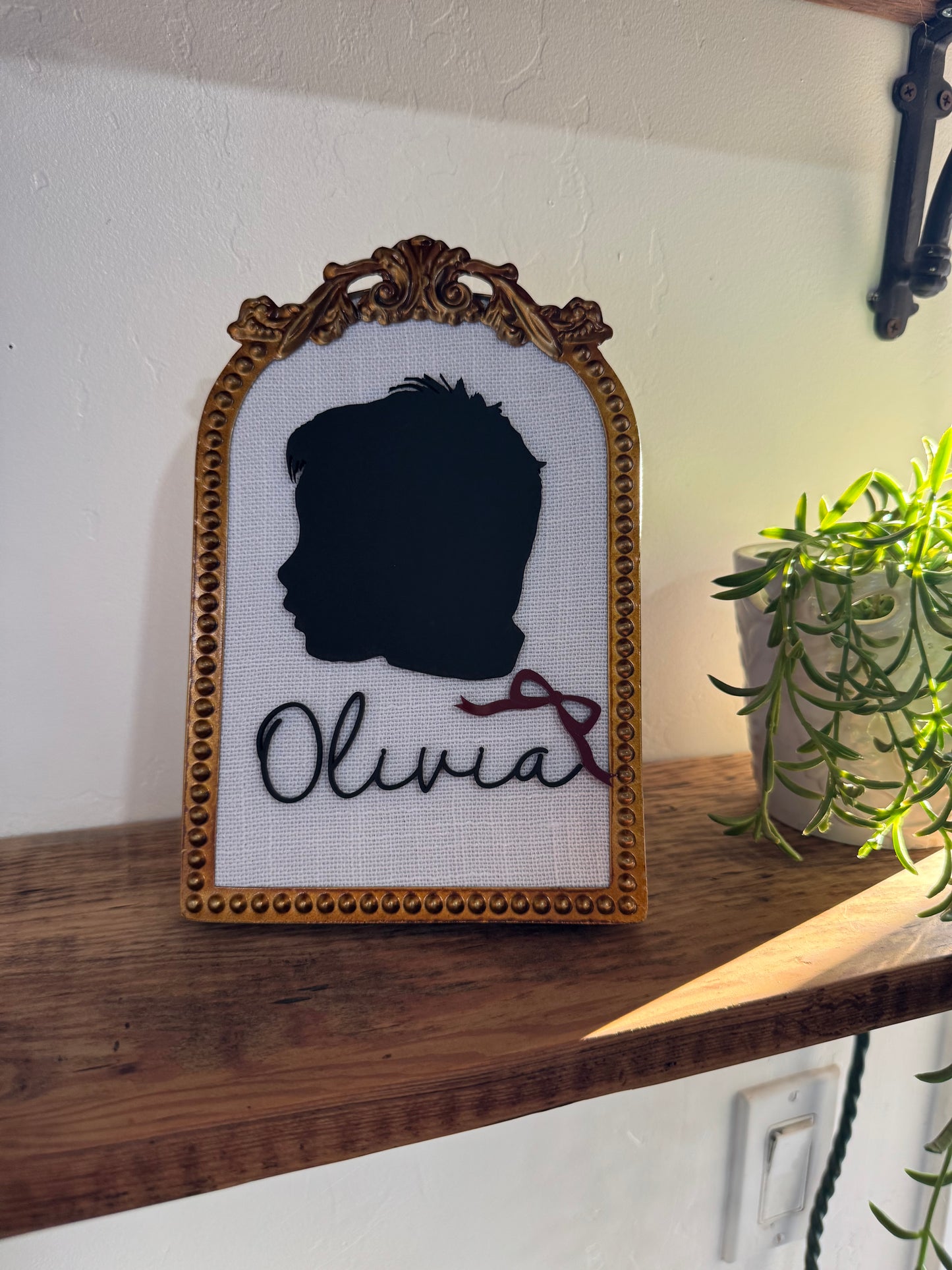 Personalized silhouette gold beaded frame