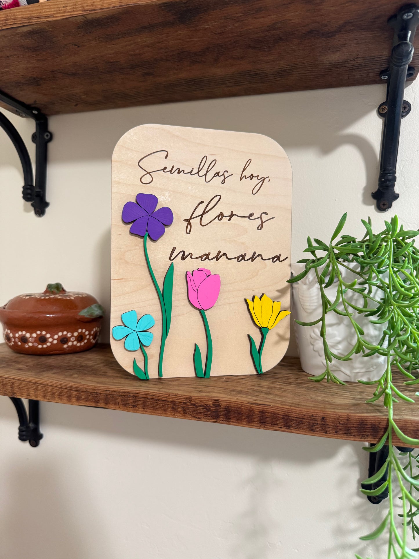 Semillas Hoy, Flores Mañana Wooden Sign | Spanish Inspirational Home Decor | Handmade Floral Wall Art | Latina Owned Gift